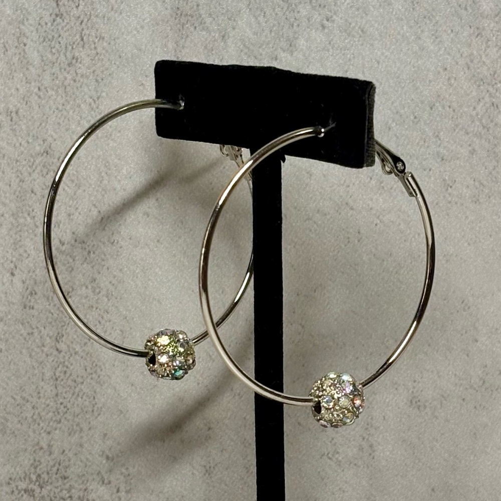 NWT Silver AB Rhinestone Hoop Earrings | Crystal Ball Hoops | Statement Jewelry